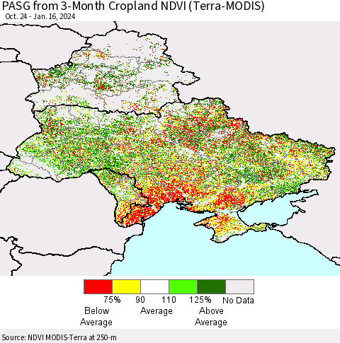 Ukraine, Moldova and Belarus PASG from 3-Month Cropland NDVI (Terra-MODIS) Thematic Map For 1/9/2024 - 1/16/2024