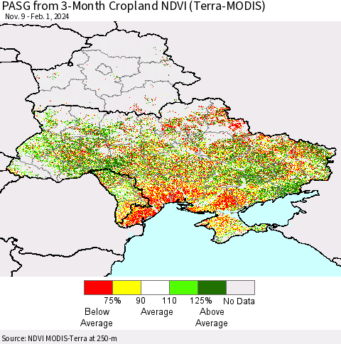 Ukraine, Moldova and Belarus PASG from 3-Month Cropland NDVI (Terra-MODIS) Thematic Map For 1/25/2024 - 2/1/2024