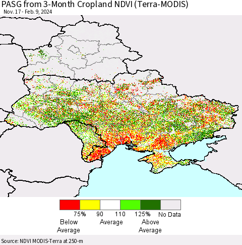 Ukraine, Moldova and Belarus PASG from 3-Month Cropland NDVI (Terra-MODIS) Thematic Map For 2/2/2024 - 2/9/2024