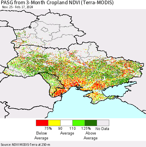 Ukraine, Moldova and Belarus PASG from 3-Month Cropland NDVI (Terra-MODIS) Thematic Map For 2/10/2024 - 2/17/2024