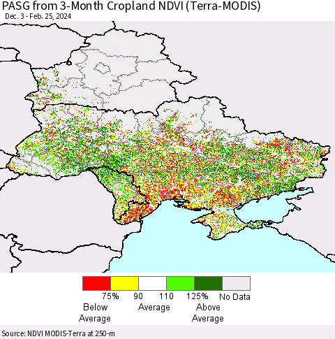 Ukraine, Moldova and Belarus PASG from 3-Month Cropland NDVI (Terra-MODIS) Thematic Map For 2/18/2024 - 2/25/2024