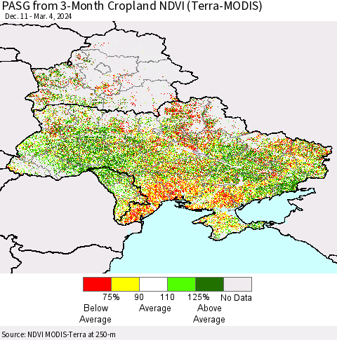 Ukraine, Moldova and Belarus PASG from 3-Month Cropland NDVI (Terra-MODIS) Thematic Map For 2/26/2024 - 3/4/2024