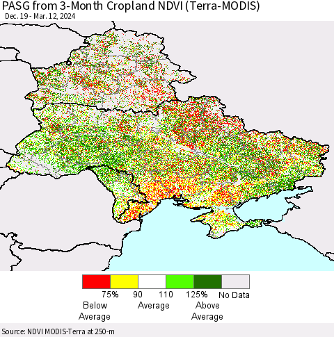Ukraine, Moldova and Belarus PASG from 3-Month Cropland NDVI (Terra-MODIS) Thematic Map For 3/5/2024 - 3/12/2024