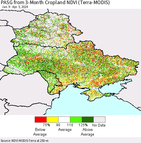 Ukraine, Moldova and Belarus PASG from 3-Month Cropland NDVI (Terra-MODIS) Thematic Map For 3/29/2024 - 4/5/2024