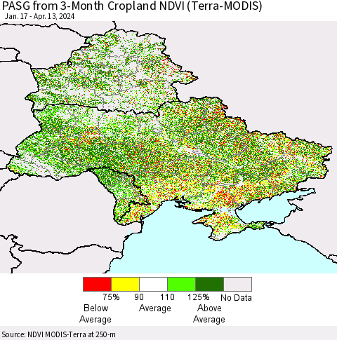 Ukraine, Moldova and Belarus PASG from 3-Month Cropland NDVI (Terra-MODIS) Thematic Map For 4/6/2024 - 4/13/2024