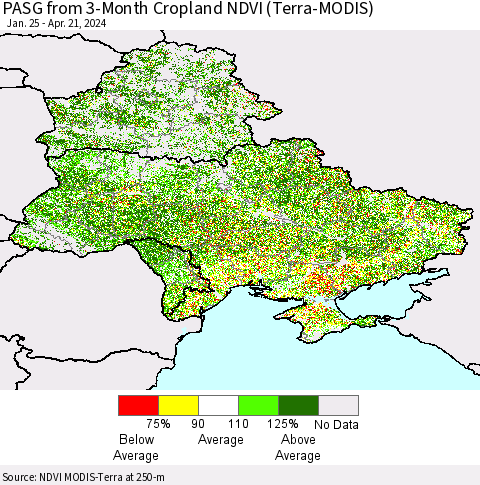 Ukraine, Moldova and Belarus PASG from 3-Month Cropland NDVI (Terra-MODIS) Thematic Map For 4/14/2024 - 4/21/2024