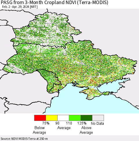 Ukraine, Moldova and Belarus PASG from 3-Month Cropland NDVI (Terra-MODIS) Thematic Map For 4/22/2024 - 4/29/2024