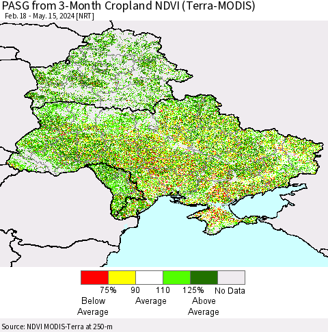 Ukraine, Moldova and Belarus PASG from 3-Month Cropland NDVI (Terra-MODIS) Thematic Map For 5/8/2024 - 5/15/2024