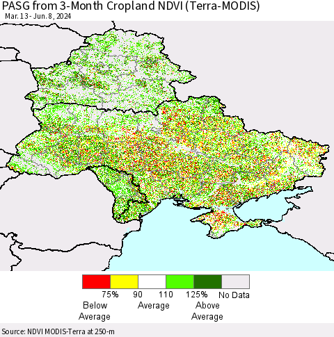 Ukraine, Moldova and Belarus PASG from 3-Month Cropland NDVI (Terra-MODIS) Thematic Map For 6/1/2024 - 6/8/2024