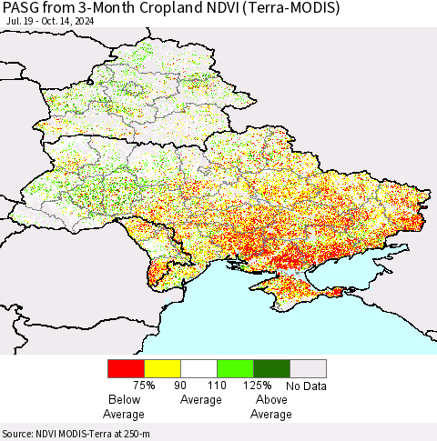 Ukraine, Moldova and Belarus PASG from 3-Month Cropland NDVI (Terra-MODIS) Thematic Map For 10/7/2024 - 10/14/2024