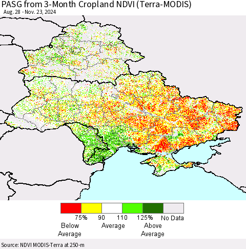 Ukraine, Moldova and Belarus PASG from 3-Month Cropland NDVI (Terra-MODIS) Thematic Map For 11/16/2024 - 11/23/2024