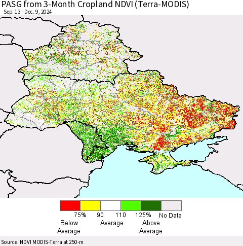 Ukraine, Moldova and Belarus PASG from 3-Month Cropland NDVI (Terra-MODIS) Thematic Map For 12/2/2024 - 12/9/2024