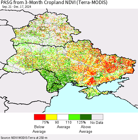 Ukraine, Moldova and Belarus PASG from 3-Month Cropland NDVI (Terra-MODIS) Thematic Map For 12/10/2024 - 12/17/2024