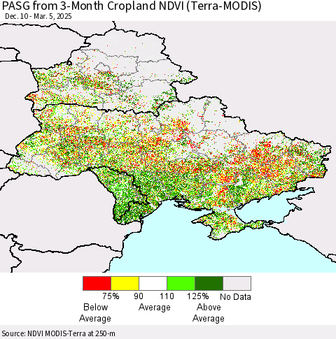 Ukraine, Moldova and Belarus PASG from 3-Month Cropland NDVI (Terra-MODIS) Thematic Map For 2/26/2025 - 3/5/2025
