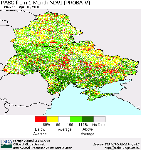 Ukraine, Moldova and Belarus PASG from 1-Month NDVI (PROBA-V) Thematic Map For 4/1/2018 - 4/10/2018