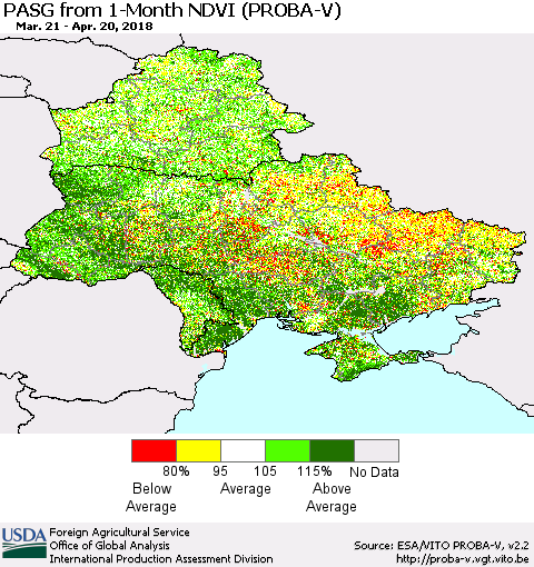 Ukraine, Moldova and Belarus PASG from 1-Month NDVI (PROBA-V) Thematic Map For 4/11/2018 - 4/20/2018