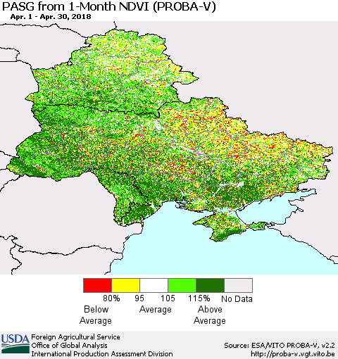 Ukraine, Moldova and Belarus PASG from 1-Month NDVI (PROBA-V) Thematic Map For 4/21/2018 - 4/30/2018