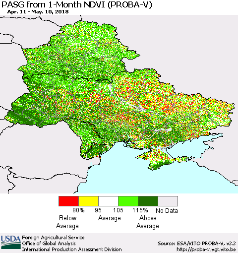Ukraine, Moldova and Belarus PASG from 1-Month NDVI (PROBA-V) Thematic Map For 5/1/2018 - 5/10/2018