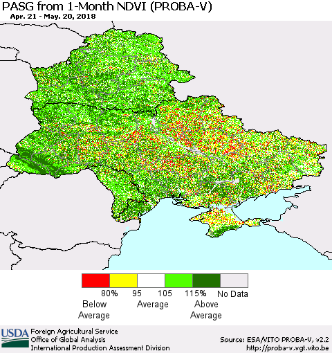 Ukraine, Moldova and Belarus PASG from 1-Month NDVI (PROBA-V) Thematic Map For 5/11/2018 - 5/20/2018