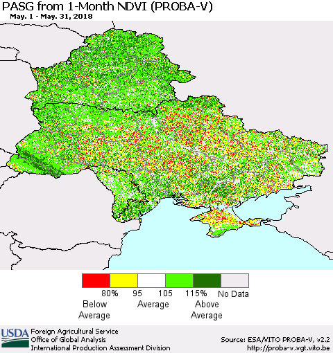 Ukraine, Moldova and Belarus PASG from 1-Month NDVI (PROBA-V) Thematic Map For 5/21/2018 - 5/31/2018