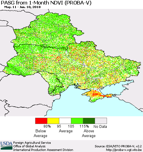 Ukraine, Moldova and Belarus PASG from 1-Month NDVI (PROBA-V) Thematic Map For 6/1/2018 - 6/10/2018
