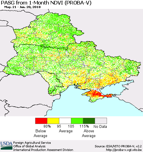 Ukraine, Moldova and Belarus PASG from 1-Month NDVI (PROBA-V) Thematic Map For 6/11/2018 - 6/20/2018