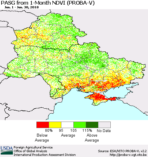 Ukraine, Moldova and Belarus PASG from 1-Month NDVI (PROBA-V) Thematic Map For 6/21/2018 - 6/30/2018
