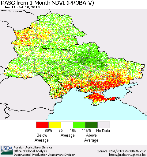 Ukraine, Moldova and Belarus PASG from 1-Month NDVI (PROBA-V) Thematic Map For 7/1/2018 - 7/10/2018