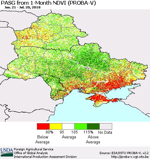 Ukraine, Moldova and Belarus PASG from 1-Month NDVI (PROBA-V) Thematic Map For 7/11/2018 - 7/20/2018