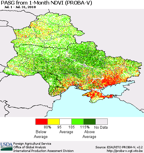 Ukraine, Moldova and Belarus PASG from 1-Month NDVI (PROBA-V) Thematic Map For 7/21/2018 - 7/31/2018