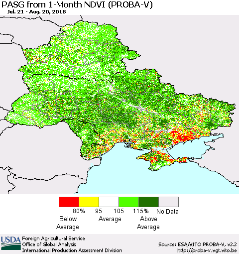 Ukraine, Moldova and Belarus PASG from 1-Month NDVI (PROBA-V) Thematic Map For 8/11/2018 - 8/20/2018
