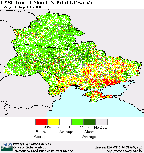 Ukraine, Moldova and Belarus PASG from 1-Month NDVI (PROBA-V) Thematic Map For 9/1/2018 - 9/10/2018