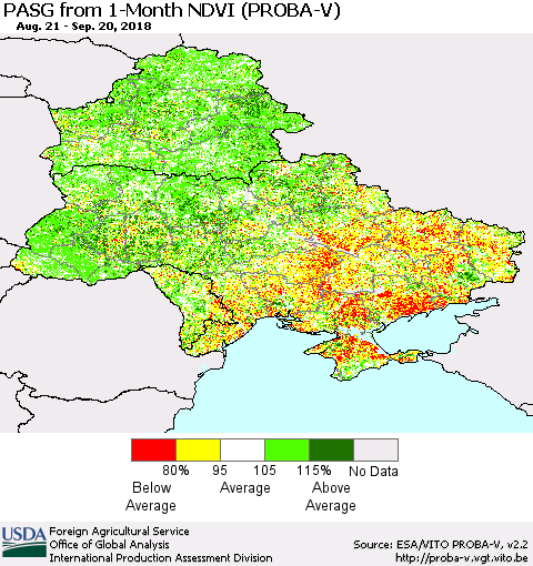 Ukraine, Moldova and Belarus PASG from 1-Month NDVI (PROBA-V) Thematic Map For 9/11/2018 - 9/20/2018
