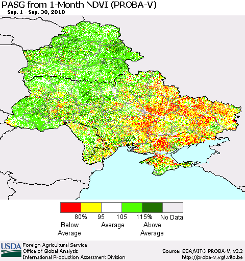 Ukraine, Moldova and Belarus PASG from 1-Month NDVI (PROBA-V) Thematic Map For 9/21/2018 - 9/30/2018