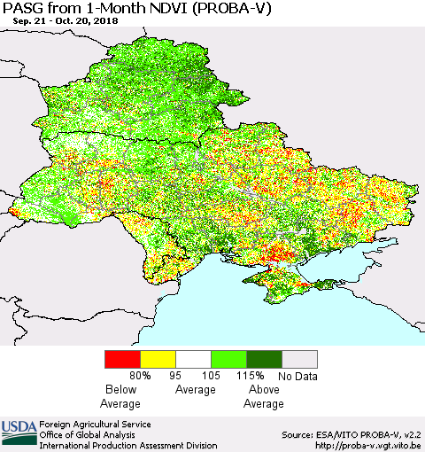 Ukraine, Moldova and Belarus PASG from 1-Month NDVI (PROBA-V) Thematic Map For 10/11/2018 - 10/20/2018