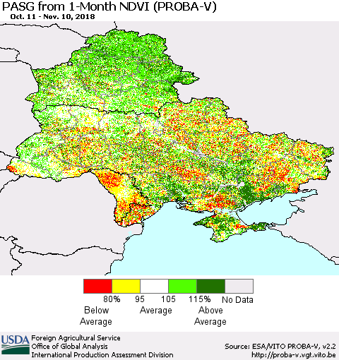 Ukraine, Moldova and Belarus PASG from 1-Month NDVI (PROBA-V) Thematic Map For 11/1/2018 - 11/10/2018