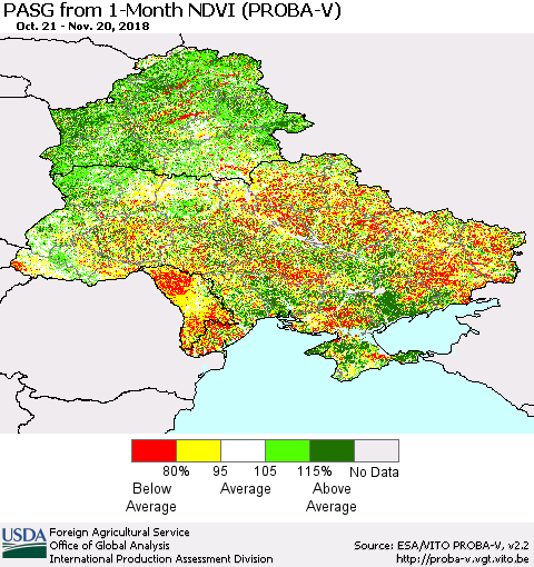 Ukraine, Moldova and Belarus PASG from 1-Month NDVI (PROBA-V) Thematic Map For 11/11/2018 - 11/20/2018