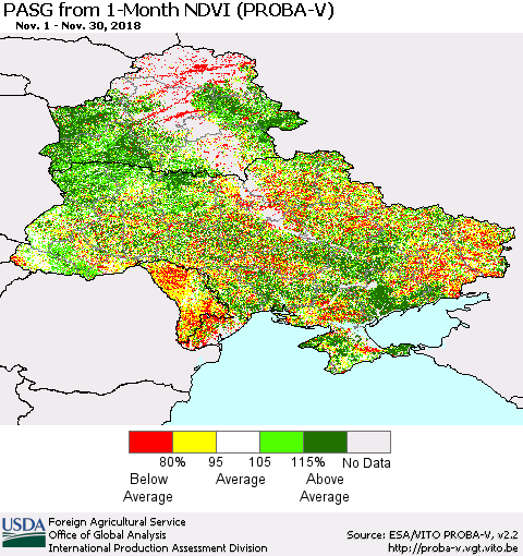 Ukraine, Moldova and Belarus PASG from 1-Month NDVI (PROBA-V) Thematic Map For 11/21/2018 - 11/30/2018