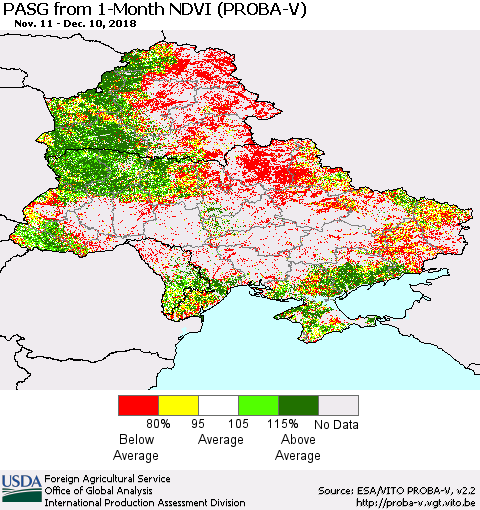 Ukraine, Moldova and Belarus PASG from 1-Month NDVI (PROBA-V) Thematic Map For 12/1/2018 - 12/10/2018