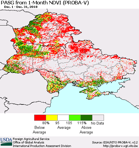 Ukraine, Moldova and Belarus PASG from 1-Month NDVI (PROBA-V) Thematic Map For 12/21/2018 - 12/31/2018