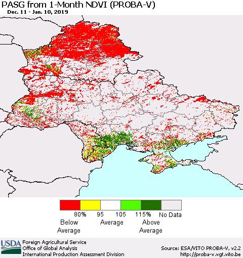 Ukraine, Moldova and Belarus PASG from 1-Month NDVI (PROBA-V) Thematic Map For 1/1/2019 - 1/10/2019