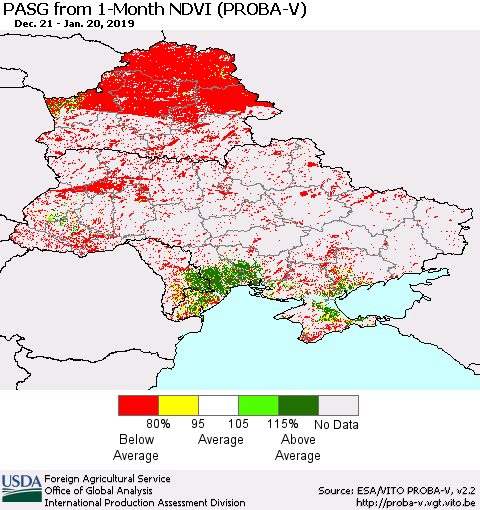Ukraine, Moldova and Belarus PASG from 1-Month NDVI (PROBA-V) Thematic Map For 1/11/2019 - 1/20/2019