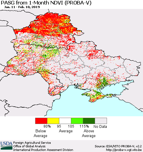 Ukraine, Moldova and Belarus PASG from 1-Month NDVI (PROBA-V) Thematic Map For 2/1/2019 - 2/10/2019