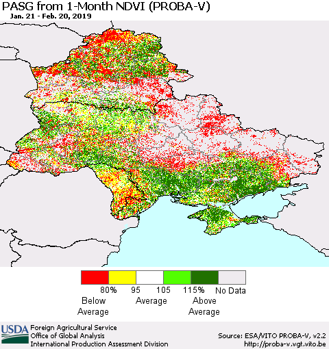 Ukraine, Moldova and Belarus PASG from 1-Month NDVI (PROBA-V) Thematic Map For 2/11/2019 - 2/20/2019