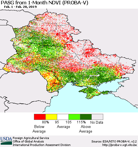 Ukraine, Moldova and Belarus PASG from 1-Month NDVI (PROBA-V) Thematic Map For 2/21/2019 - 2/28/2019