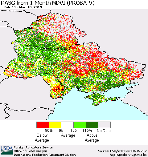 Ukraine, Moldova and Belarus PASG from 1-Month NDVI (PROBA-V) Thematic Map For 3/1/2019 - 3/10/2019
