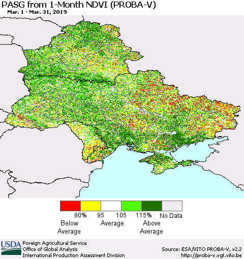 Ukraine, Moldova and Belarus PASG from 1-Month NDVI (PROBA-V) Thematic Map For 3/21/2019 - 3/31/2019