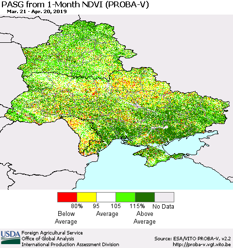 Ukraine, Moldova and Belarus PASG from 1-Month NDVI (PROBA-V) Thematic Map For 4/11/2019 - 4/20/2019