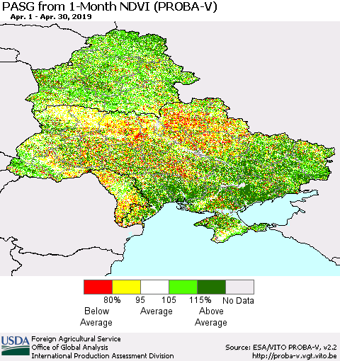 Ukraine, Moldova and Belarus PASG from 1-Month NDVI (PROBA-V) Thematic Map For 4/21/2019 - 4/30/2019