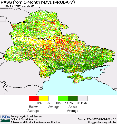 Ukraine, Moldova and Belarus PASG from 1-Month NDVI (PROBA-V) Thematic Map For 5/1/2019 - 5/10/2019